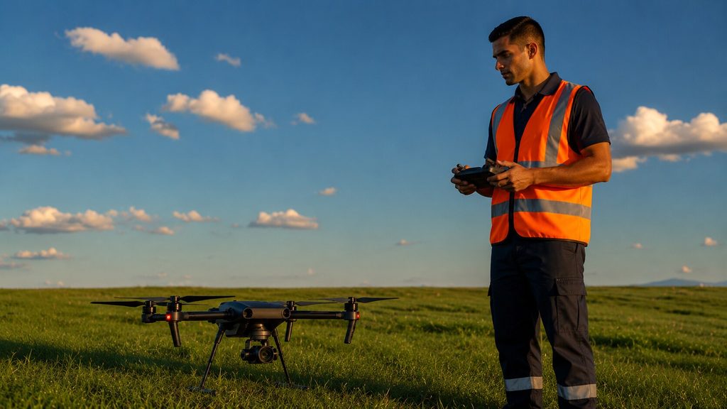 Piloto profissional de drone realizando operação em campo